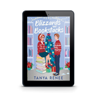 E-book cover of 'Blizzards and Bookstacks' on a tablet screen