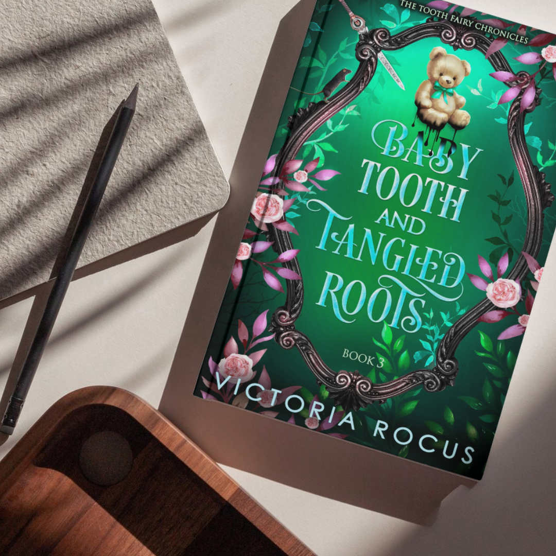 Book titled 'Baby Tooth and Tangled Roots' by Victoria Rocus on a surface with a pen and notebook.