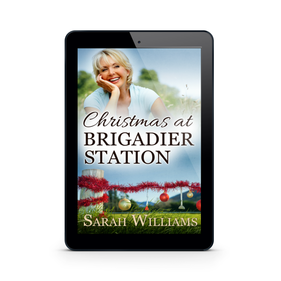 Ebook cover of 'Christmas at Brigadier Station' by Sarah Williams displayed on a tablet.