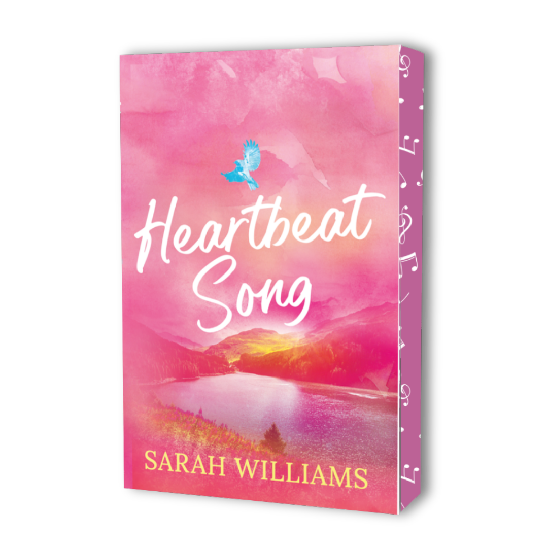 Book cover of 'Heartbeat Song' by Sarah Williams with a pink watercolor design and blue bird.