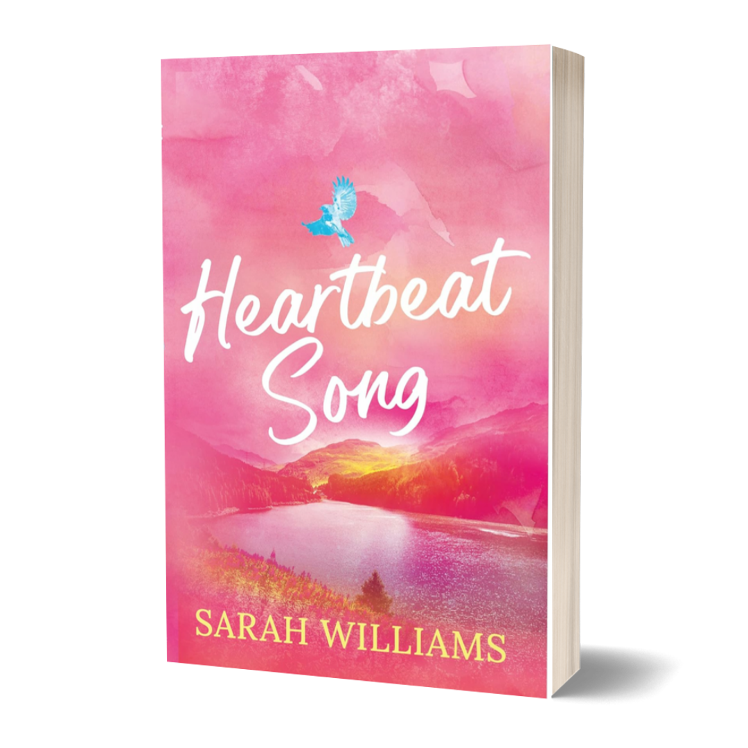 Book cover of 'Heartbeat Song' by Sarah Williams with a pink landscape and bird illustration.