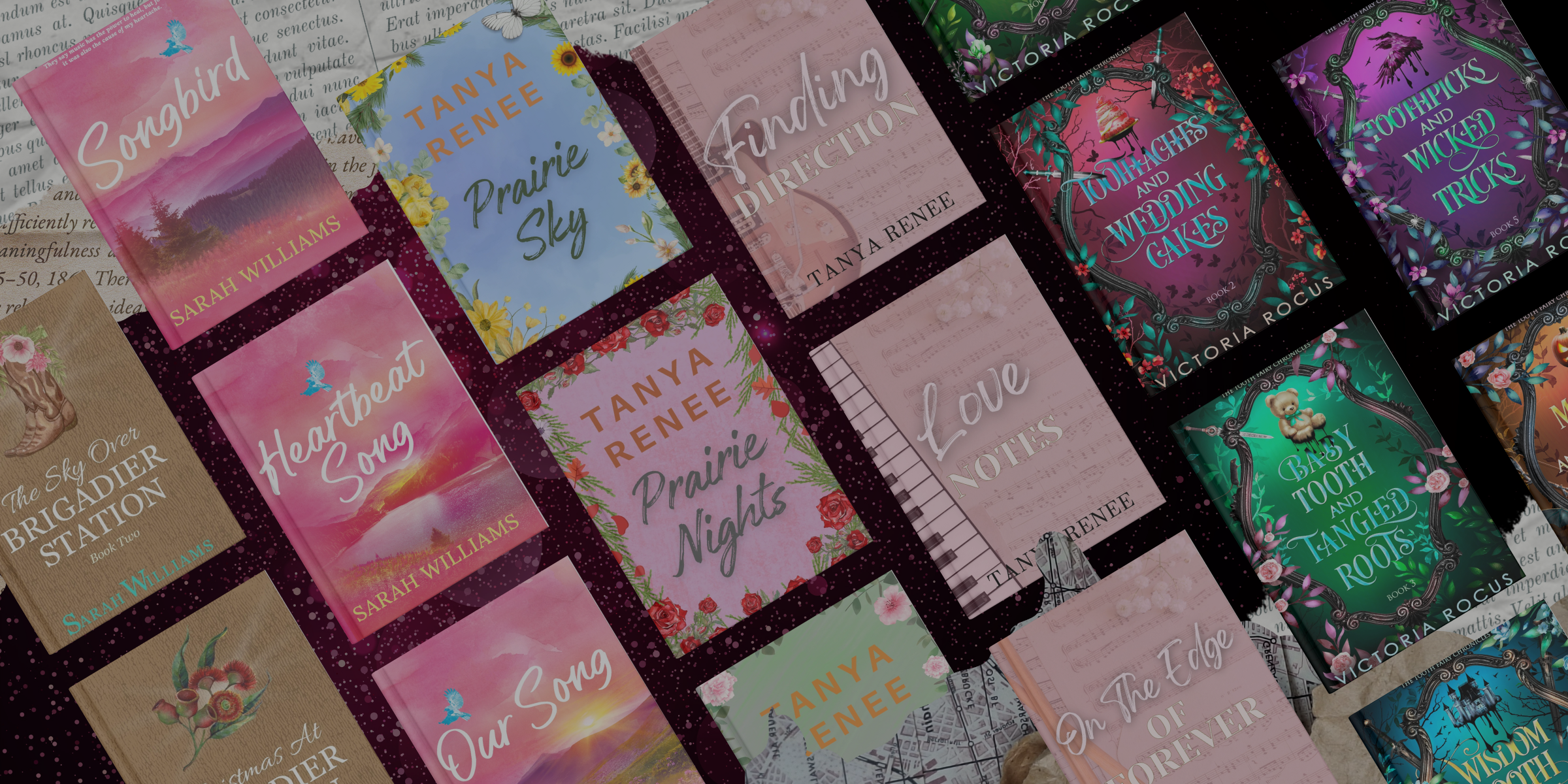 Collection of colorful book covers with various titles on a textured background