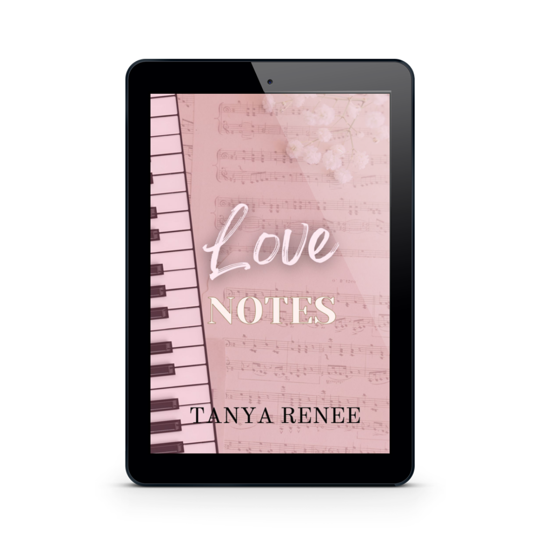 Digital book cover of 'Love Notes' by Tanya Renee on a tablet with pink piano keys and sheet music.