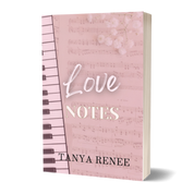 Notebook with music sheet design and 'Love Notes Tanya Renee' text on a white background