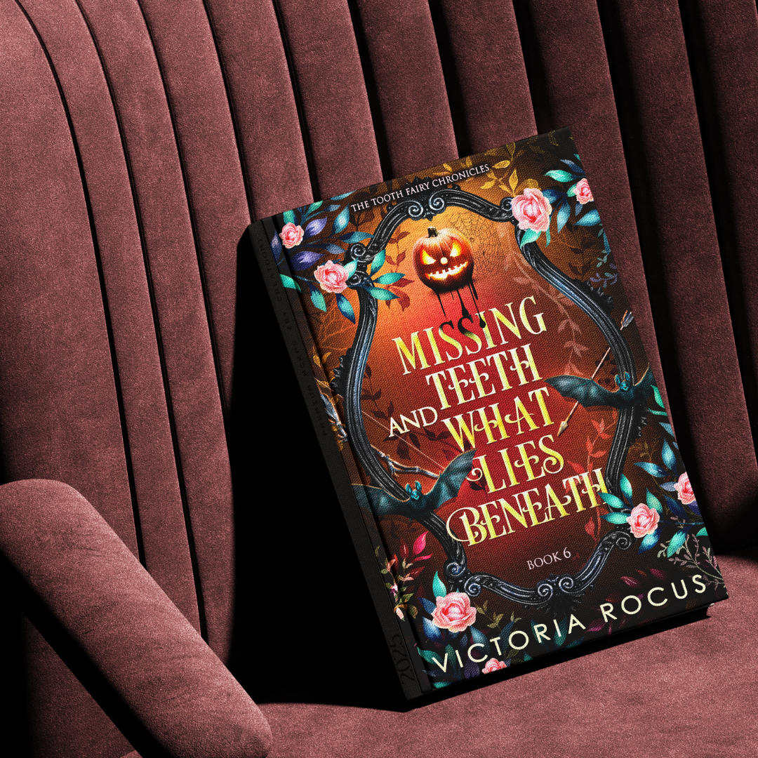 Book titled 'Missing Teeth and What Lies Beneath' by Victoria Rocus on a maroon chair