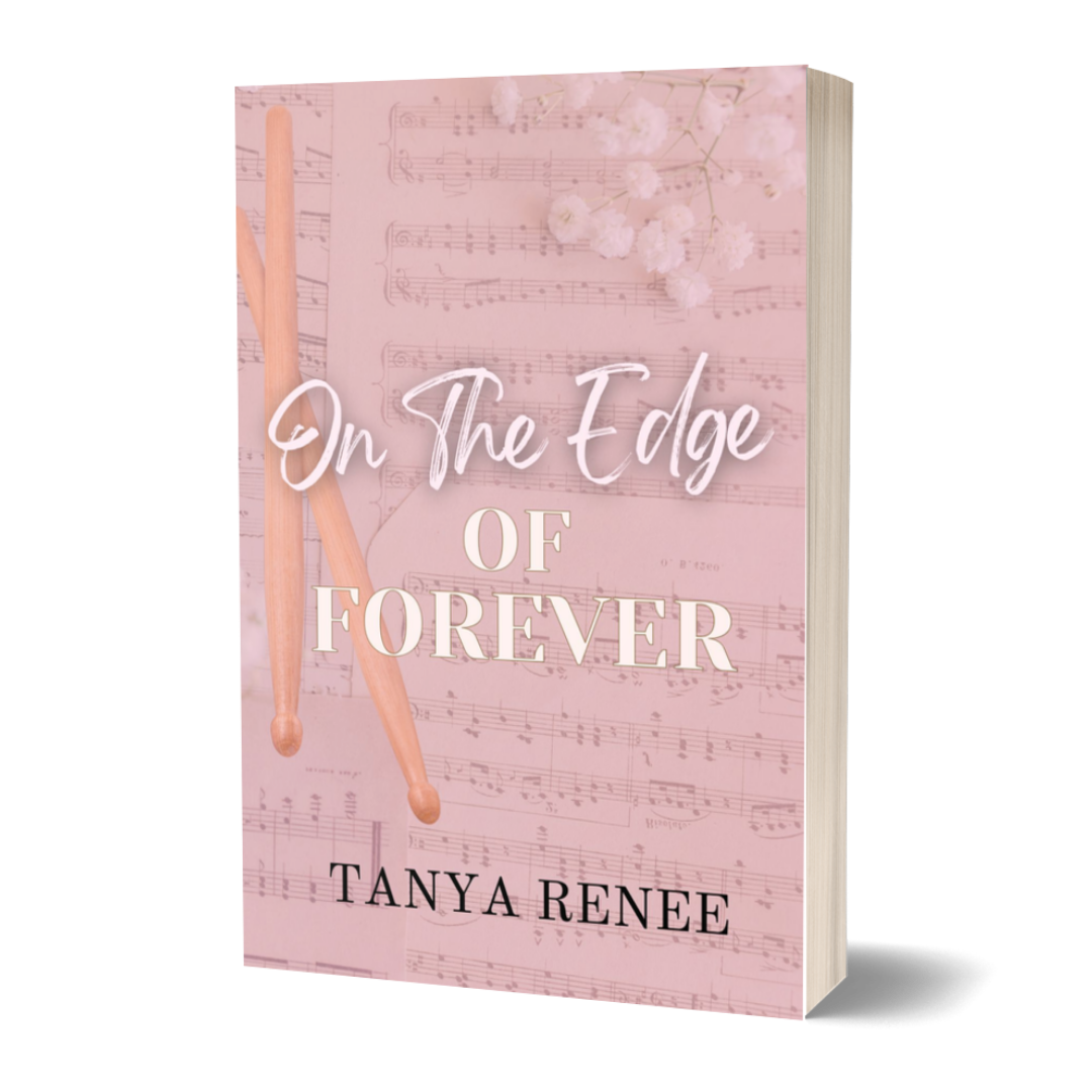 Book cover of 'On The Edge Of Forever' by Tanya Renee with a pink background and musical notes.