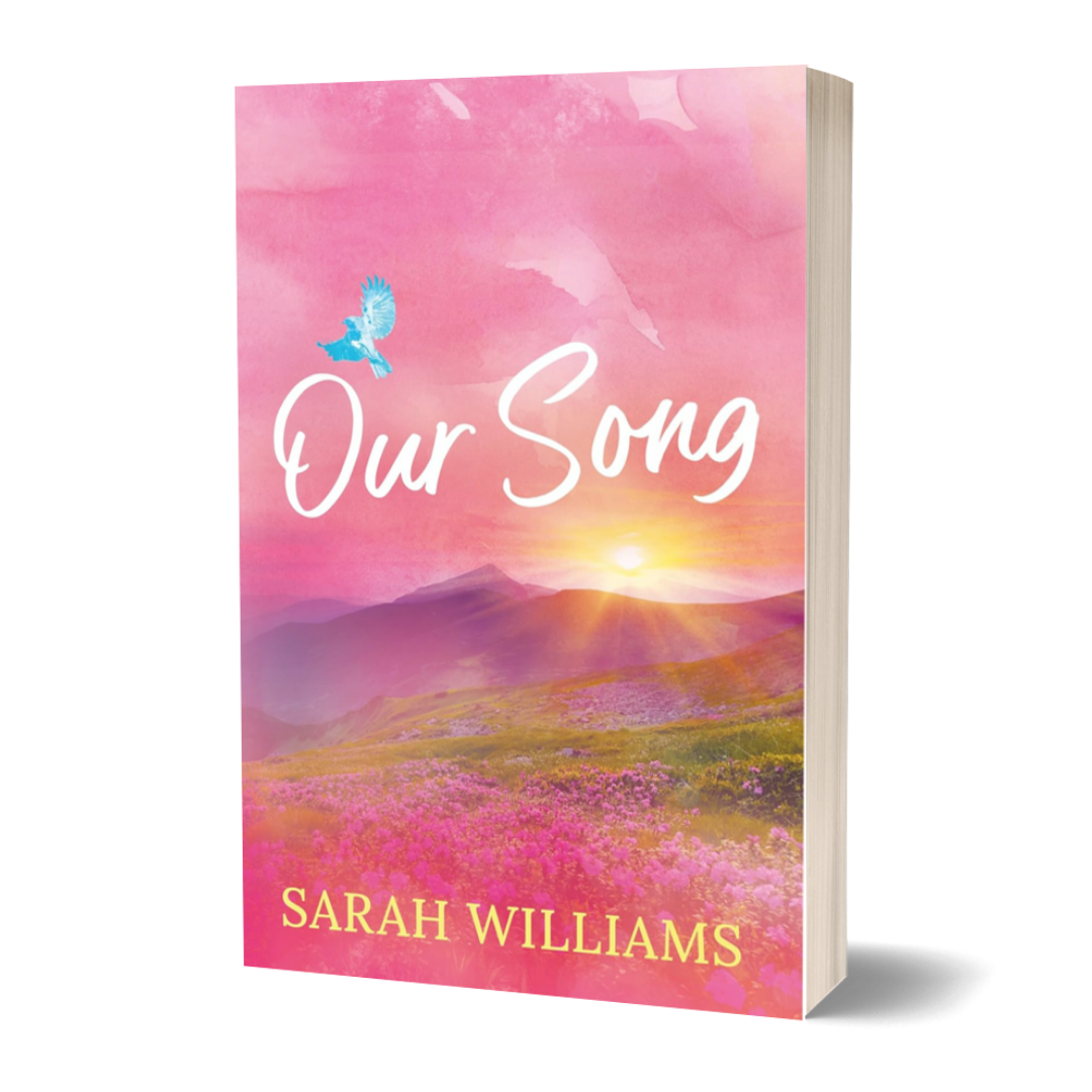 Book cover of 'Our Song' by Sarah Williams with a pink sky and mountain landscape.