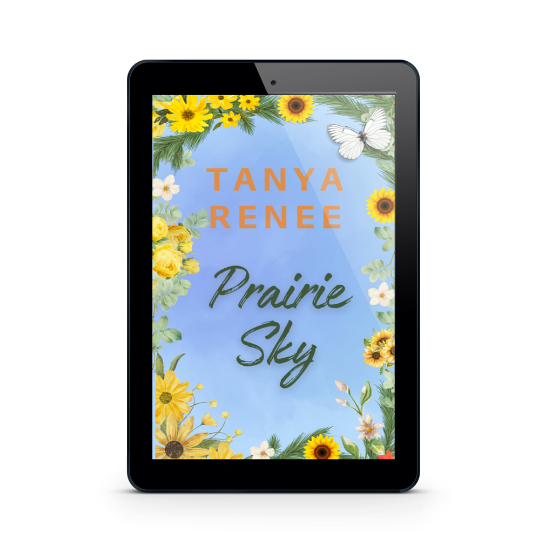Tablet displaying a digital book cover with 'Tanya Renee' and 'Prairie Sky' on a floral background.