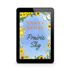 Tablet displaying a digital book cover with 'Tanya Renee' and 'Prairie Sky' on a floral background.