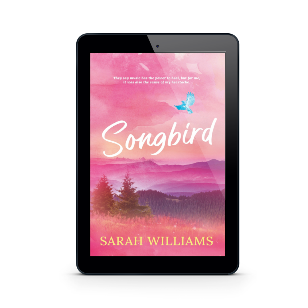 Ebook cover of 'Songbird' by Sarah Williams on a tablet screen with a pink and purple landscape.