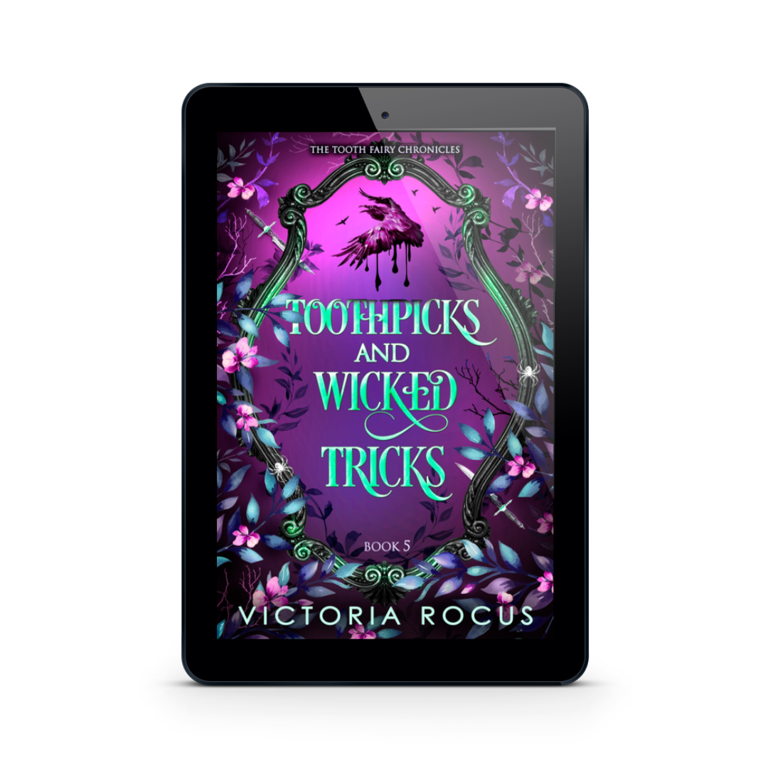 E-reader displaying the cover of 'Toothpicks and Wicked Tricks' by Victoria Rocus on a white background