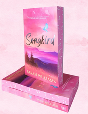 Book titled 'Songbird' by Sarah Williams with a pink and purple cover on a matching pink background.