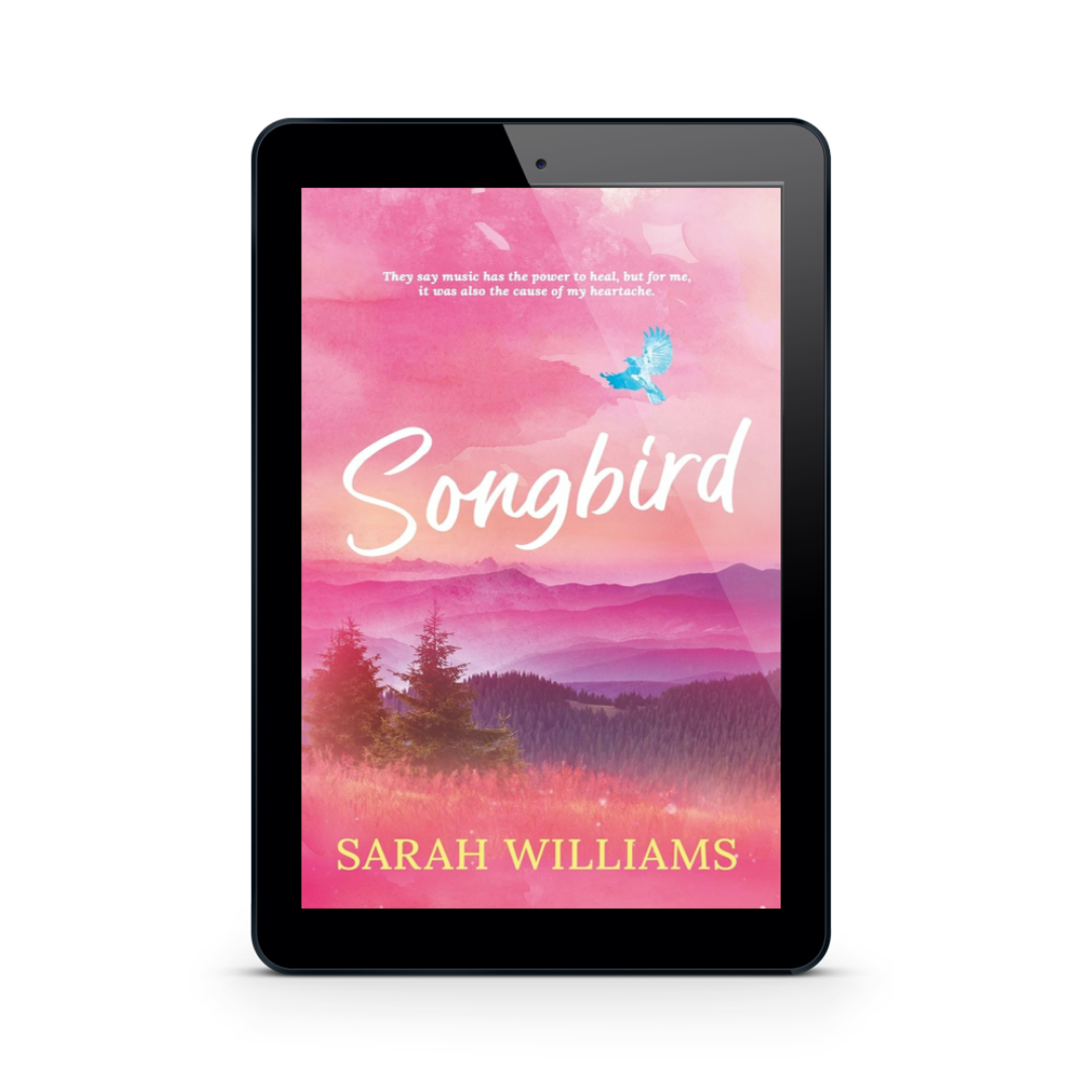 Tablet displaying the book cover of 'Songbird' by Sarah Williams with a pink landscape and blue bird.