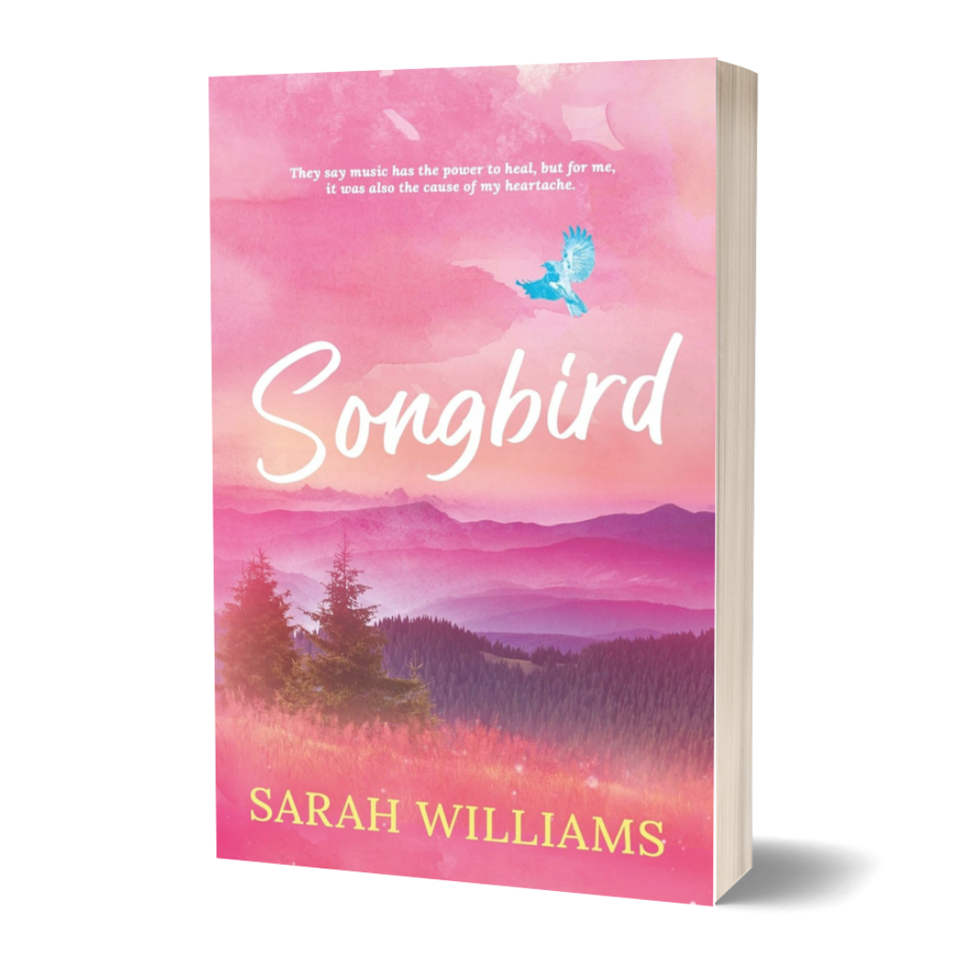 Book cover of 'Songbird' by Sarah Williams with a pink landscape and bird illustration.