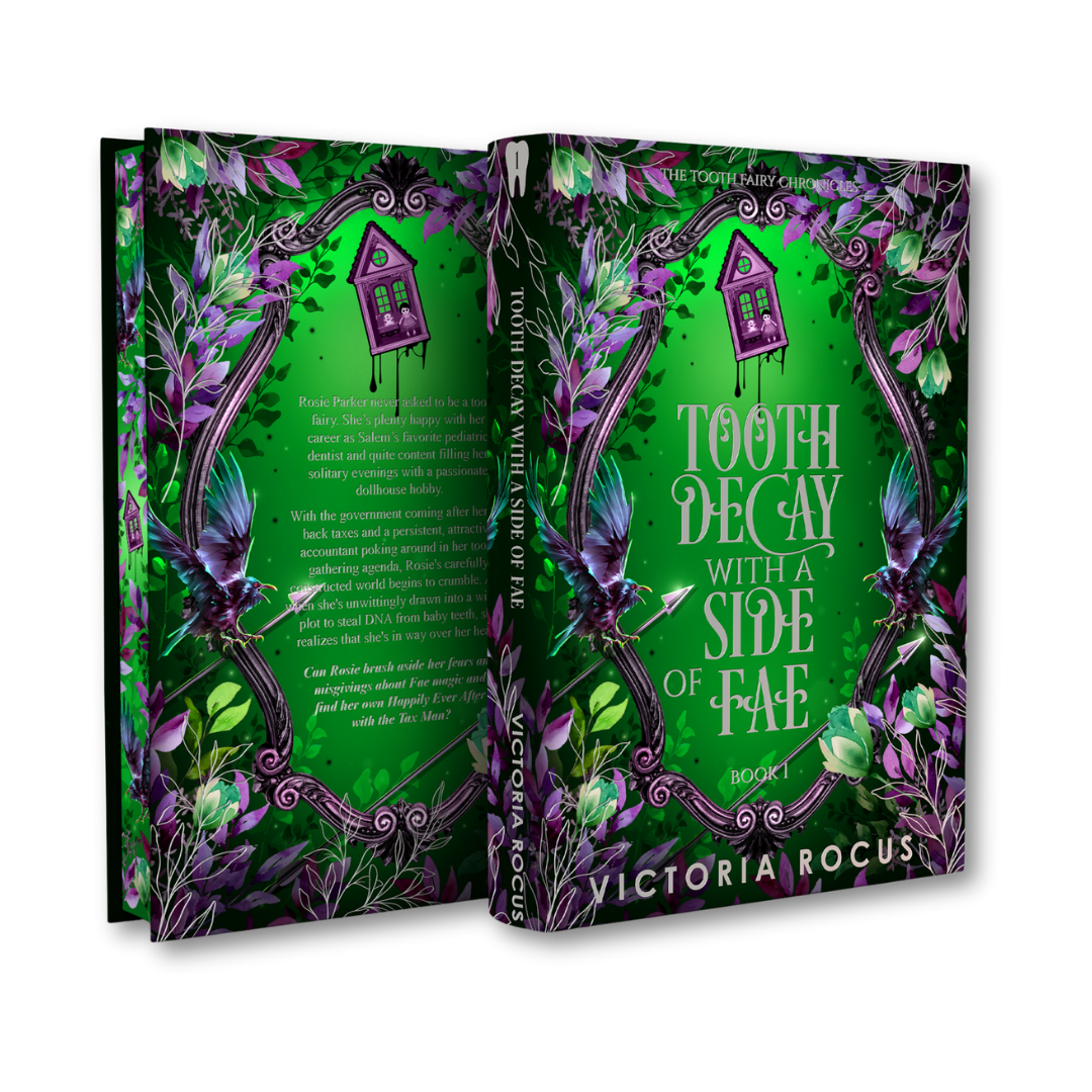 Book cover of 'Tooth Decay with a Side of Fae' by Victoria Rocus with green and purple design.