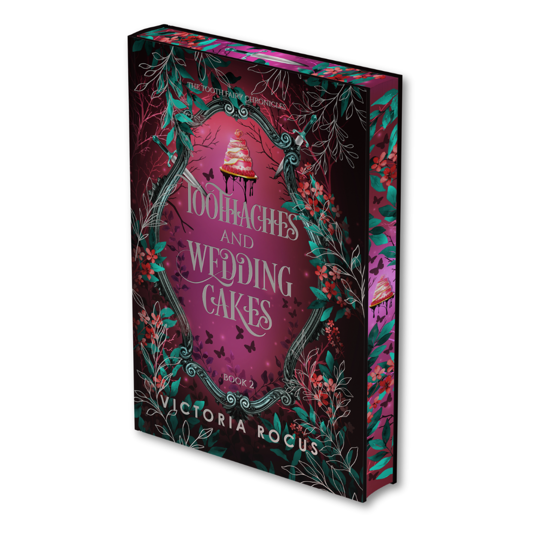 Book cover of 'Toothaches and Wedding Cakes' by Victoria Rocus with decorative elements on a white background