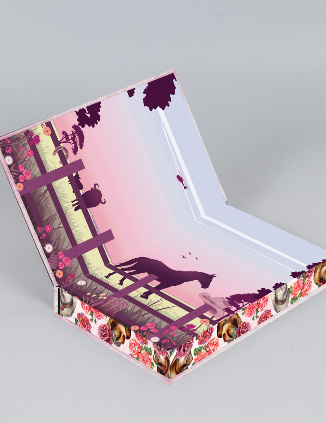 Decorative special edition book with floral and animal designs on a gray background