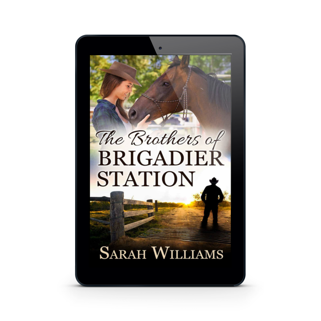 Ebook cover of 'The Brothers of Brigadier Station' by Sarah Williams on a tablet screen.