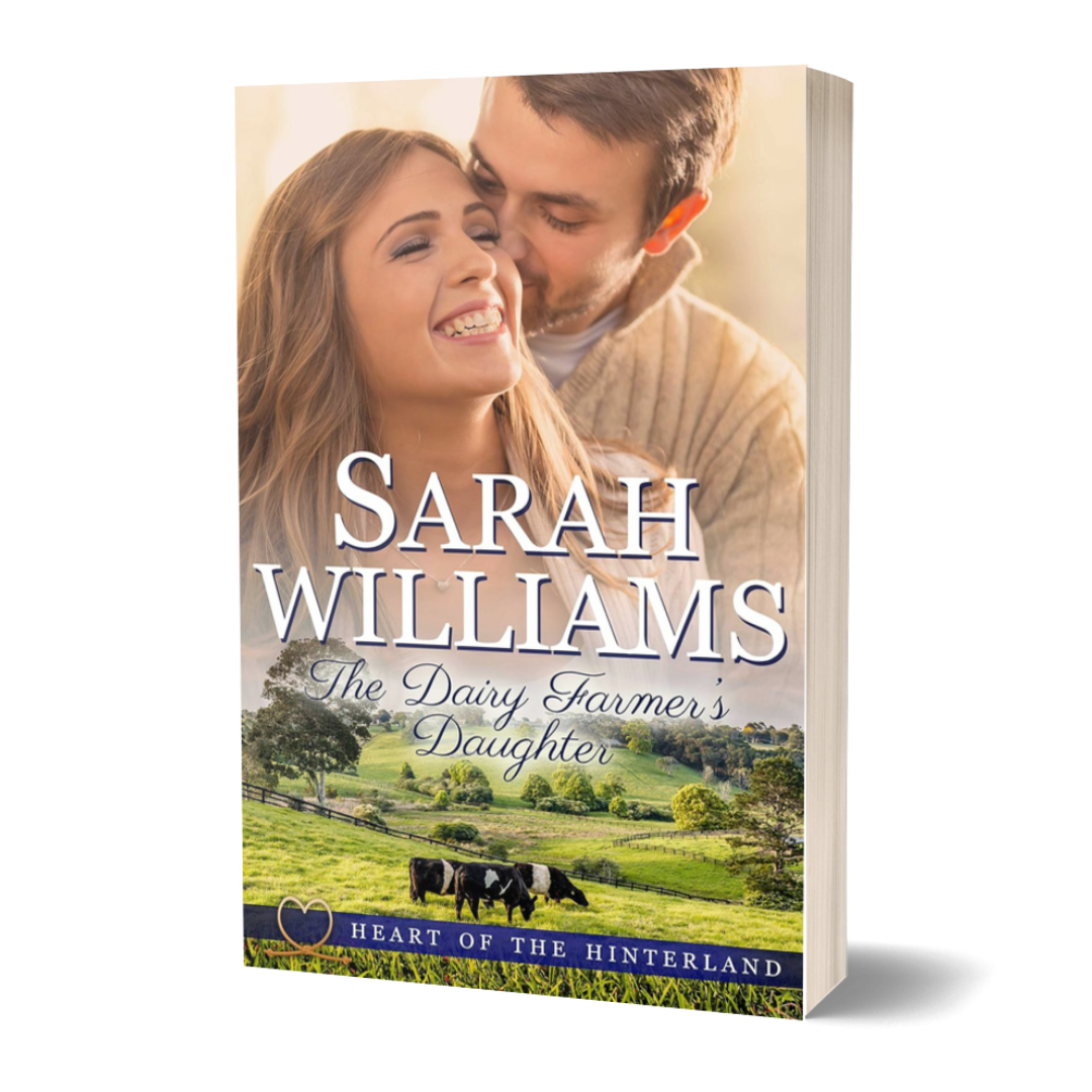 Book cover of 'The Dairy Farmer's Daughter' by Sarah Williams with a couple and landscape on the cover.