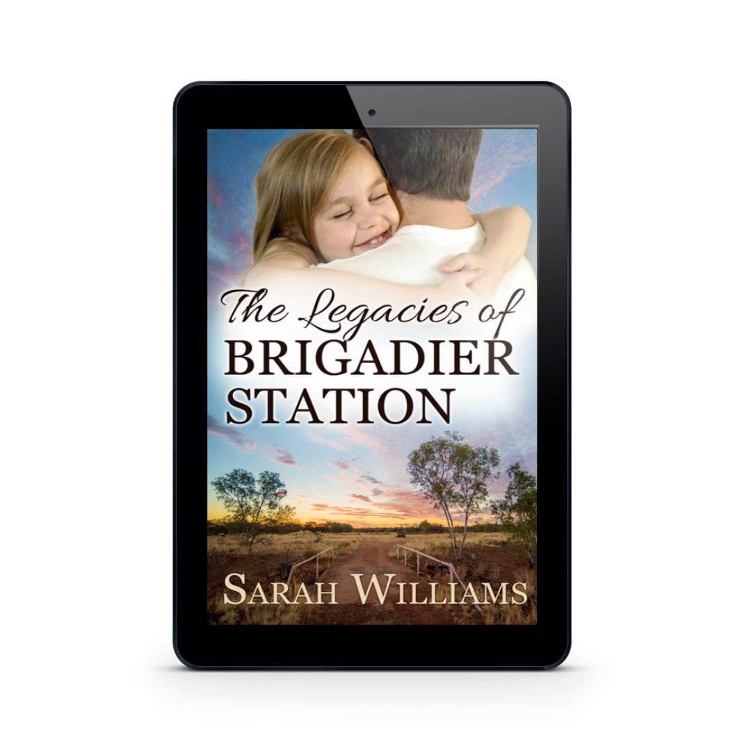 Ebook cover of 'The Legacies of Brigadier Station' by Sarah Williams on a tablet screen.