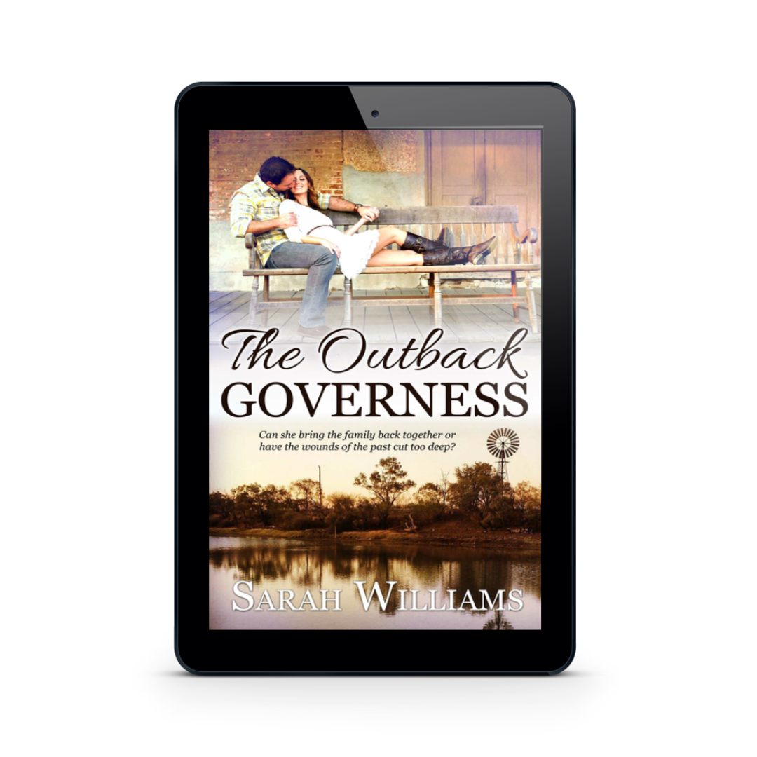 Ebook cover of 'The Outback Governess' by Sarah Williams displayed on a tablet.