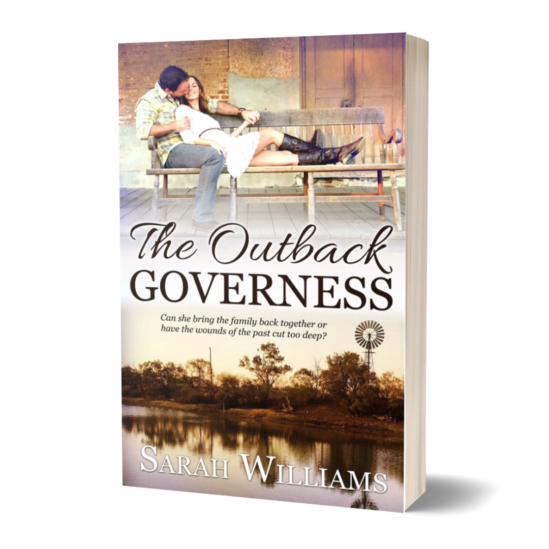 Book cover of 'The Outback Governess' by Sarah Williams with a couple on a bench and a river background.
