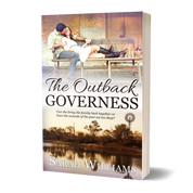Book cover of 'The Outback Governess' by Sarah Williams with a couple on a bench and a river background.