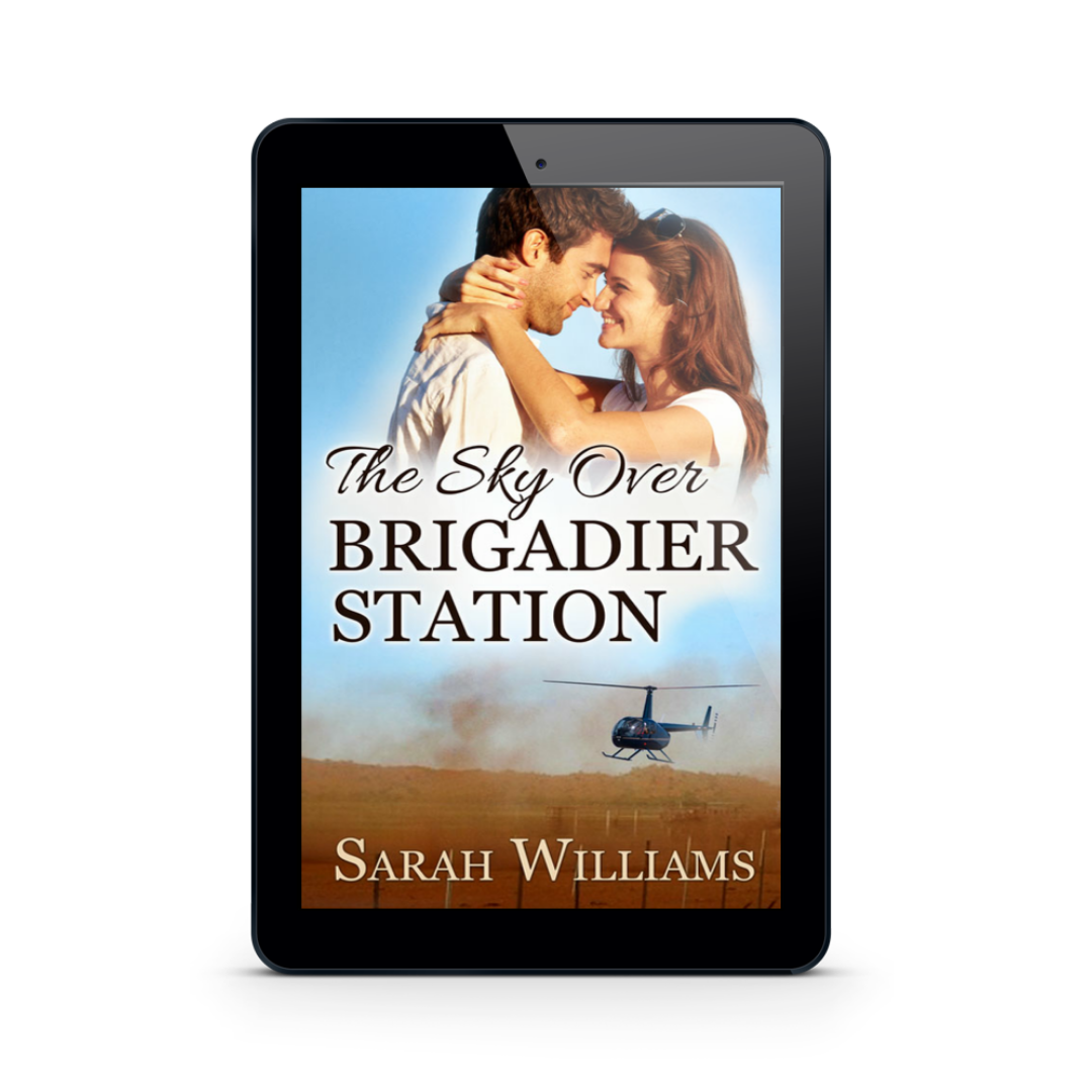 Ebook cover of 'The Sky Over Brigadier Station' by Sarah Williams on a tablet screen.